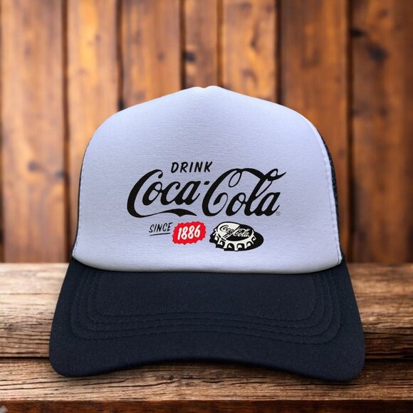 Coca Cola Vintage Inspired Mens Trucker Hat Black Snapback Since 1886 Retro Cap - Picture 1 of 4